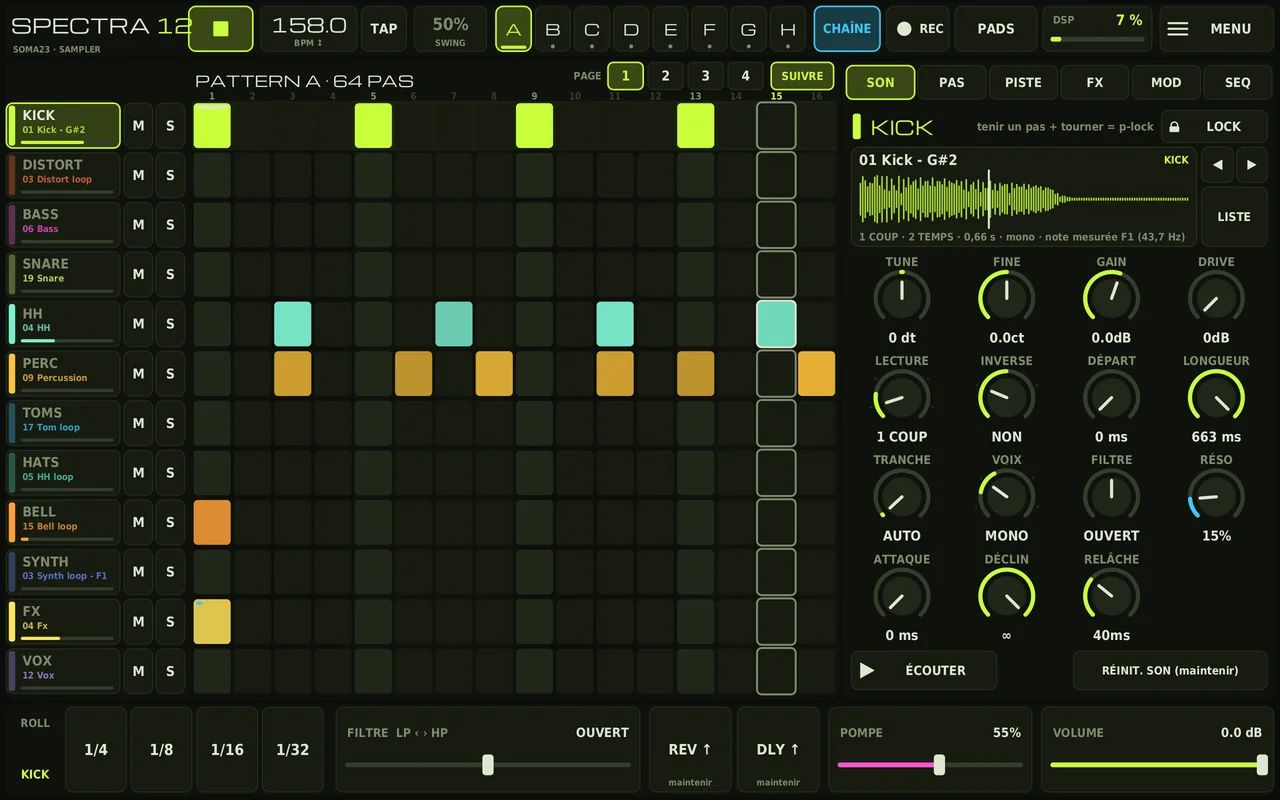 SPECTRA-12 SAMPLER sur tablette : la grille de 12 pistes à gauche, les réglages du son à droite, les commandes live en bas