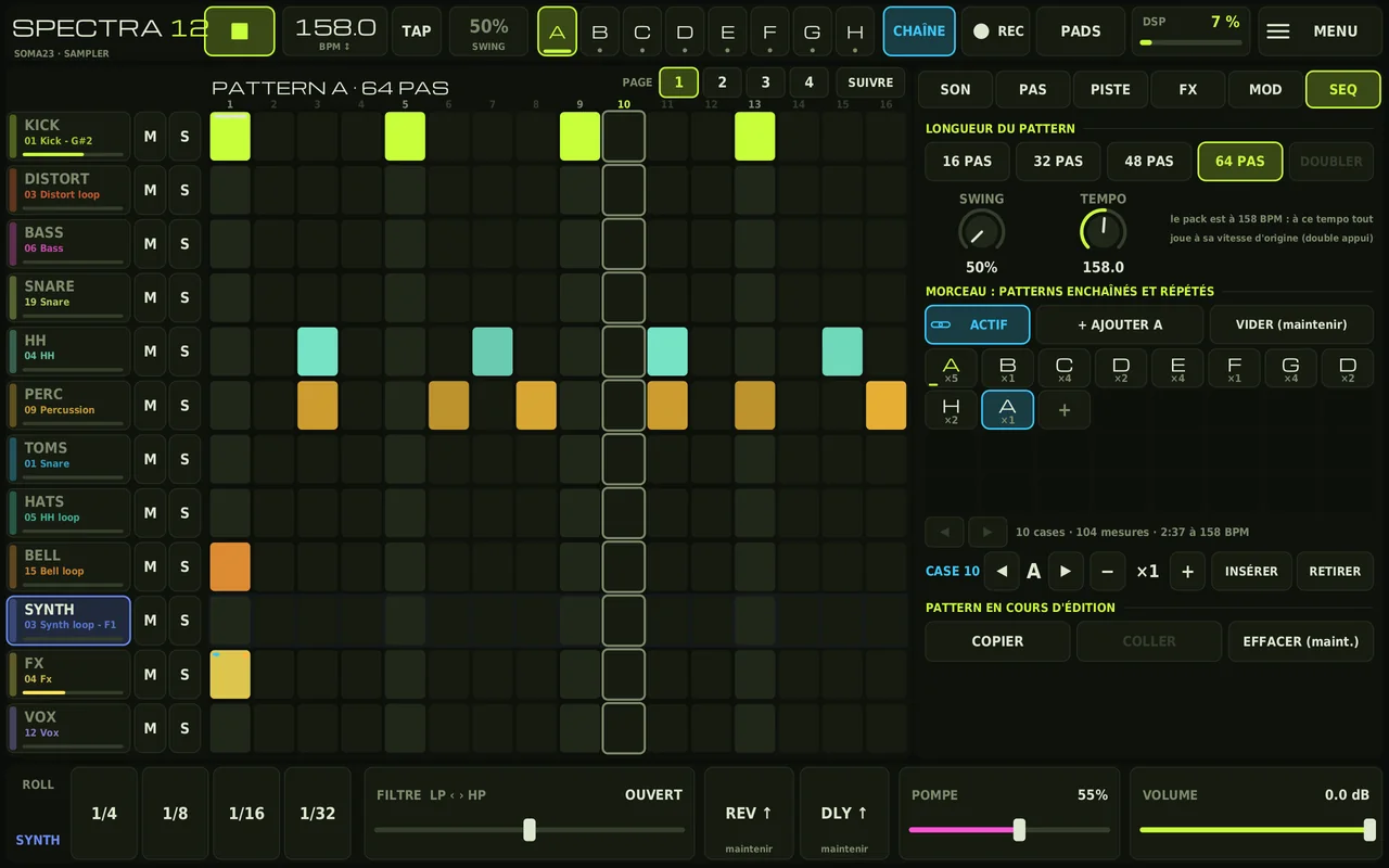 L'onglet SEQ : longueur du pattern, swing, tempo et la liste des cases du morceau