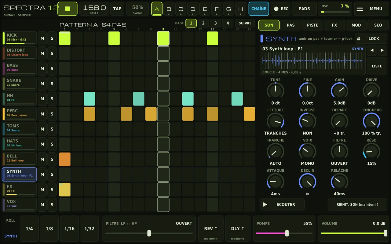 Une boucle de synthé en mode tranches, avec ses réglages